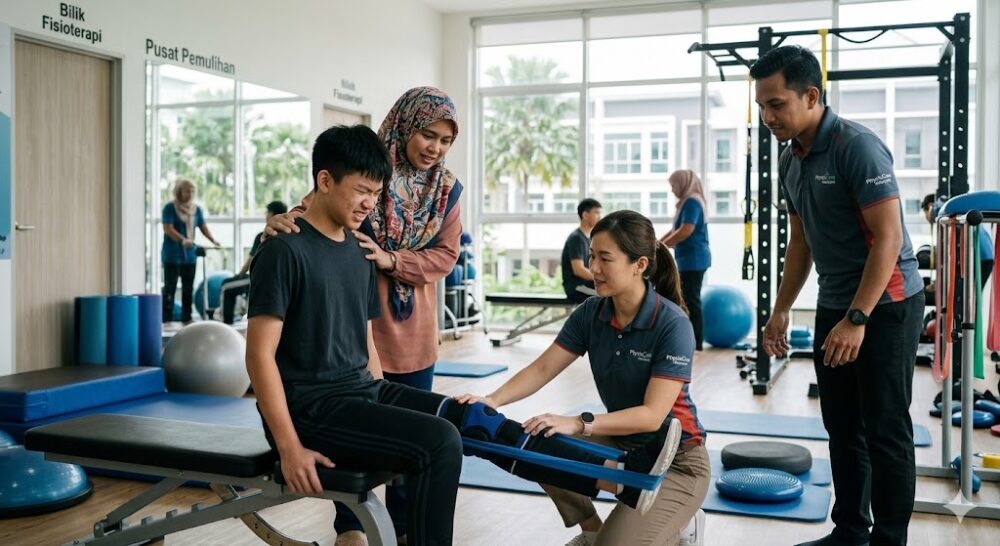 A teenage Malaysian patient performing physiotherapy exercises with parental supervision and a physiotherapist in a rehabilitation centre