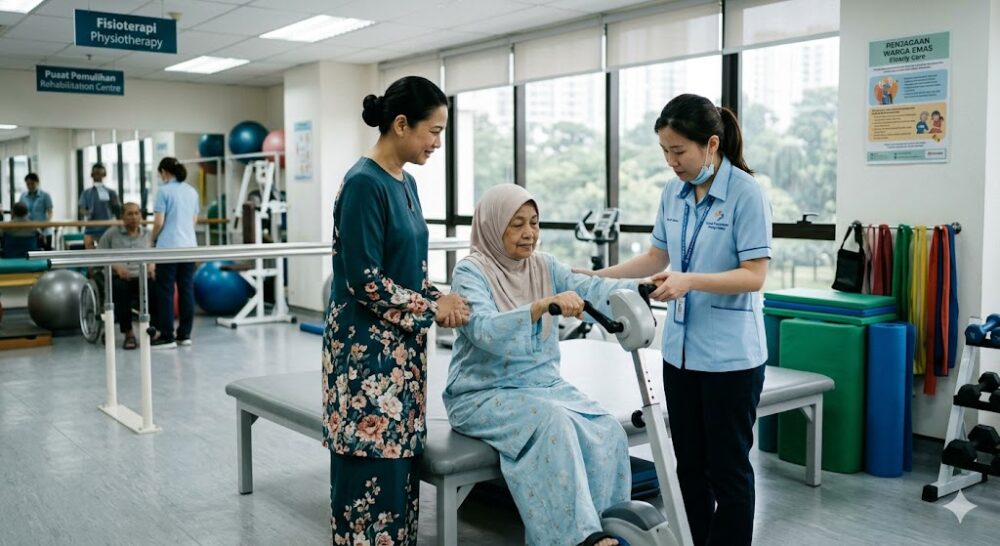 adult daughter accompanying elderly mother to physiotherapy session at rehab centre in Klang Valley Malaysia