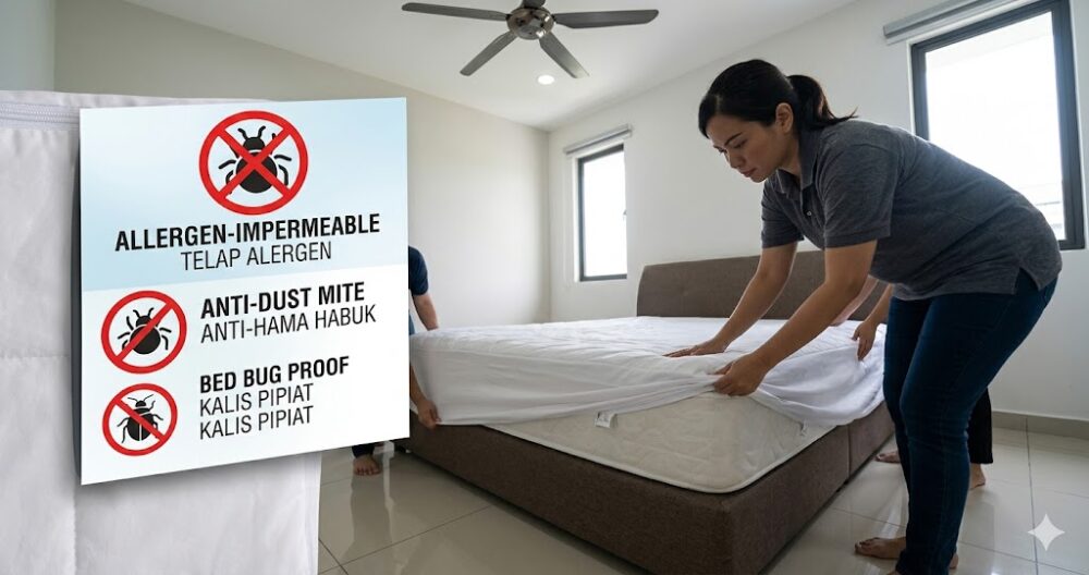 Allergen-impermeable mattress encasement being fitted on a bed in a Malaysian home with dust mite protection label visible