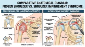 anatomical diagram comparing frozen shoulder adhesive capsulitis with shoulder impingement syndrome caused by a pinched rotator cuff tendon beneath the acromion bone