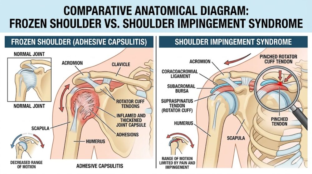anatomical diagram comparing frozen shoulder adhesive capsulitis with shoulder impingement syndrome caused by a pinched rotator cuff tendon beneath the acromion bone