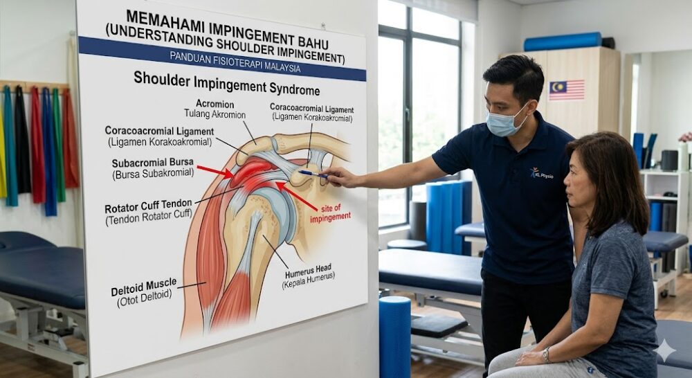 Anatomy of shoulder impingement showing compressed subacromial bursa and rotator cuff in Malaysia physiotherapy context