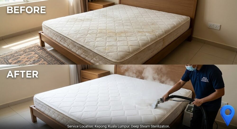 Anti-dust-mite residual treatment being applied to a mattress in a Subang Jaya bedroom after extraction