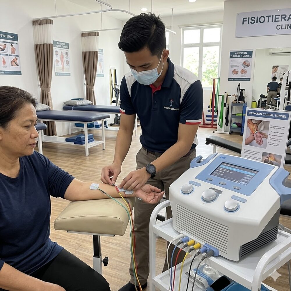 BTL multi-channel electrotherapy device used for non-surgical carpal tunnel treatment at a Malaysian physiotherapy clinic