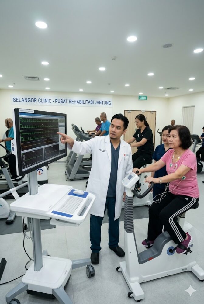 cardiologist reviewing post-surgery patient exercise data on ECG monitor during cardiac rehabilitation session in Selangor clinic