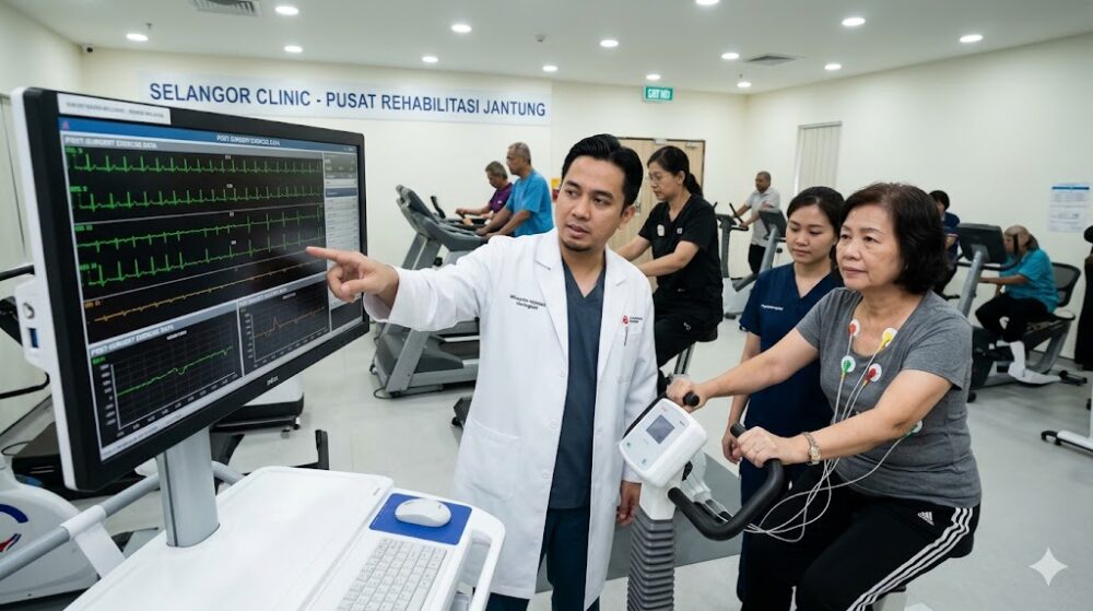 cardiologist reviewing post surgery patient exercise data on ecg monitor during cardiac rehabilitation session in selangor clinic