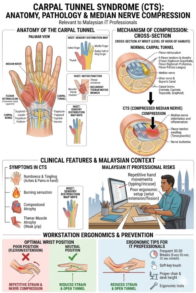Carpal tunnel syndrome anatomy diagram showing median nerve compression in the wrist, relevant to IT professionals in Malaysia