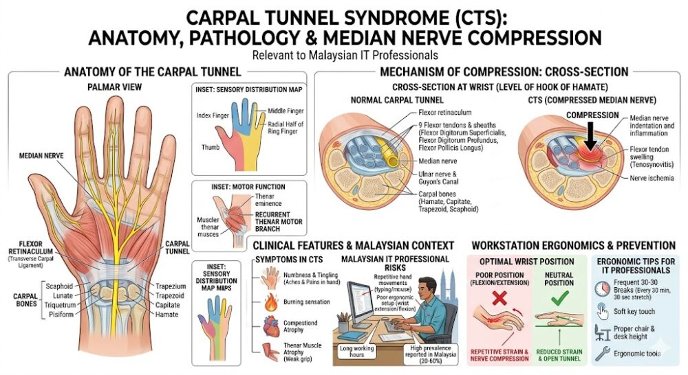 Carpal tunnel syndrome anatomy diagram showing median nerve compression in the wrist, relevant to IT professionals in Malaysia