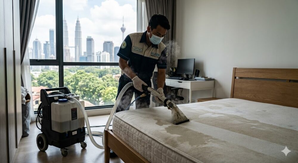certified technician performing hot water extraction steam cleaning on a mattress in a kuala lumpur apartment