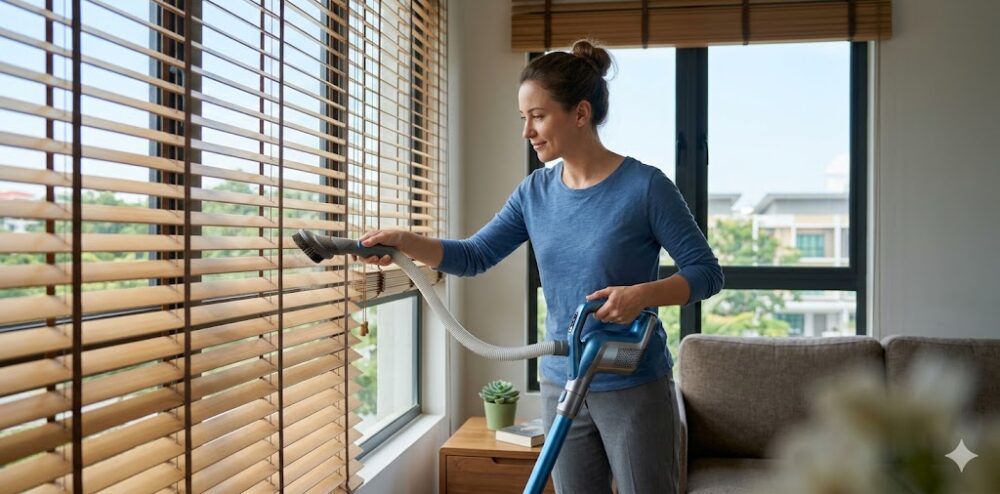 Cleaning dusty window blinds using a vacuum cleaner with a soft brush attachment to prevent allergen spread