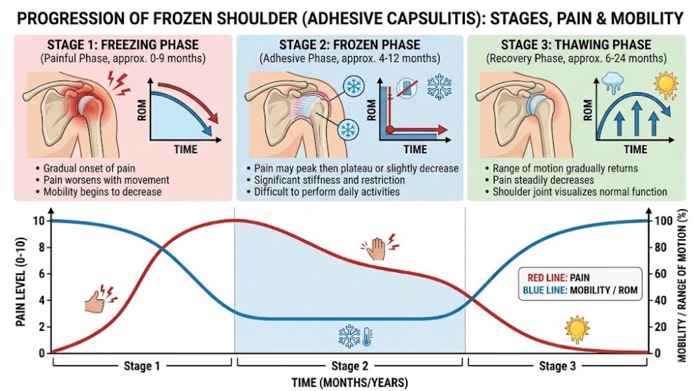 Three stages of frozen shoulder timeline chart adhesive capsulitis freezing frozen thawing physiotherapy Malaysia