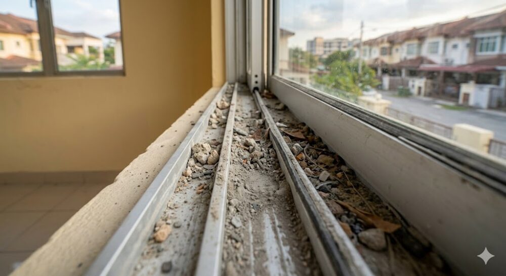 Clogged aluminium sliding window track filled with cement dust and debris in a Malaysian home
