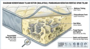 close up cross section diagram of a dirty mattress showing dust mites, fungal spores, and dead skin cell inside mattress