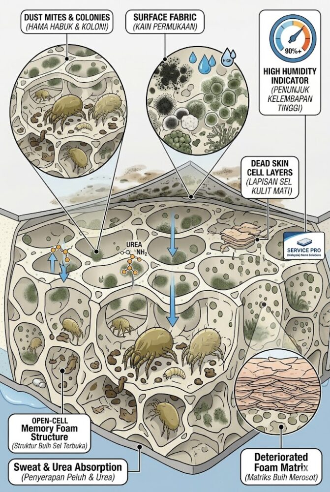 Close-up cross-section diagram of a dirty mattress showing dust mites, fungal spores, and dead skin cell layers inside mattress foam Malaysia