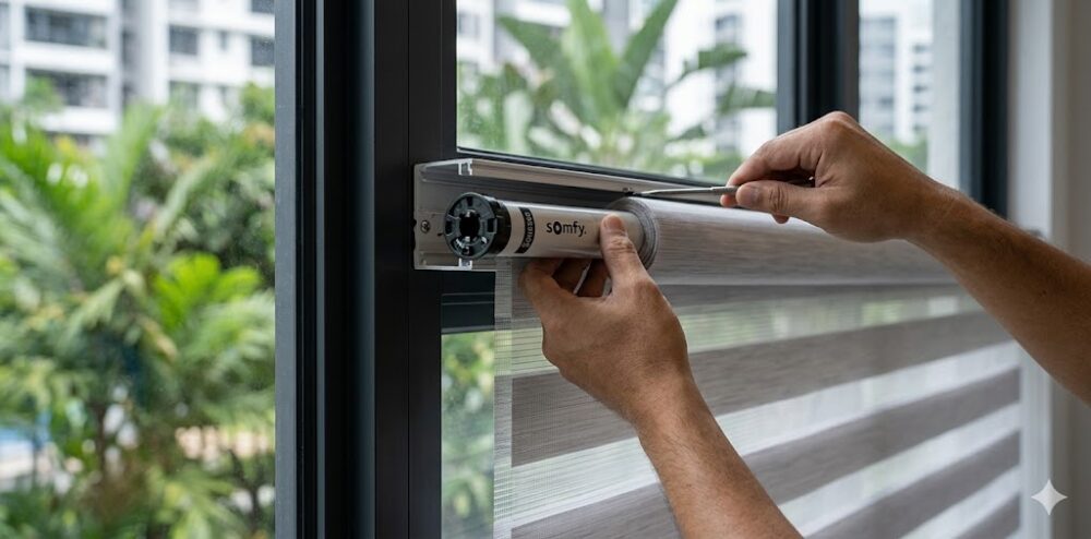 Close-up installation of a premium Somfy motorised tubular motor into a custom zebra blind in Malaysia.
