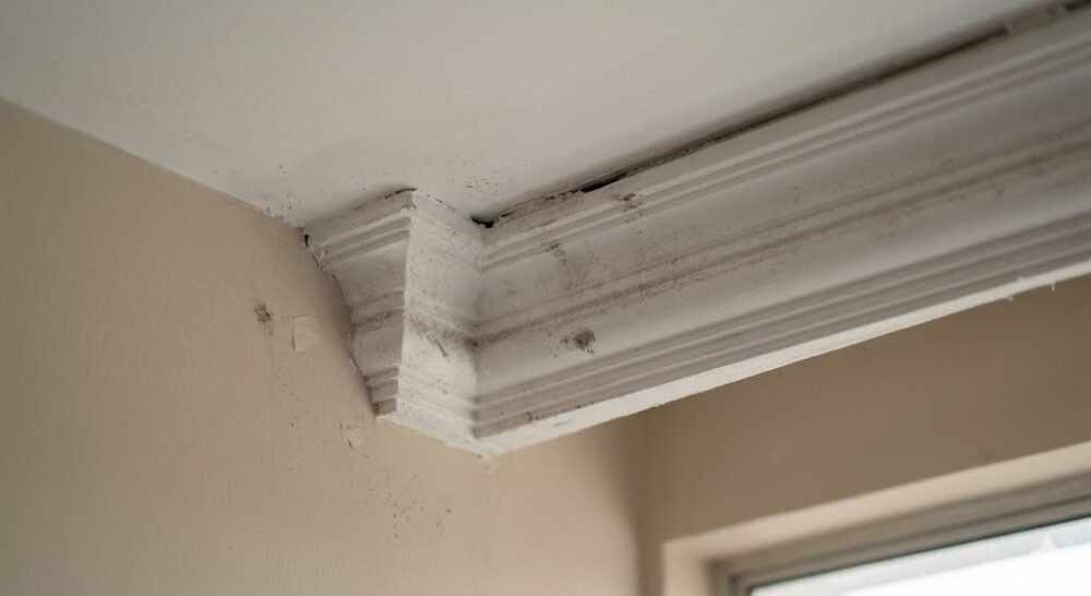 Close-up of a dusty plaster cornice track in a Malaysian terrace house post-reno