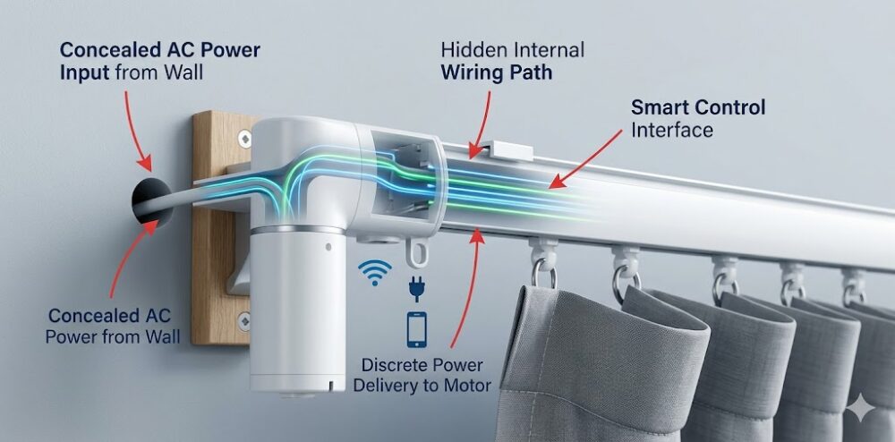 Close-up of a motorized smart curtain track installation showing hidden cable placement.