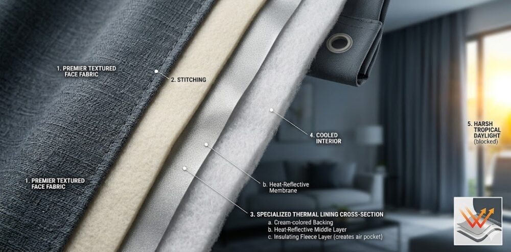 Close-up view of the specialized thermal lining on premium blackout curtains used for heat reduction in Malaysia