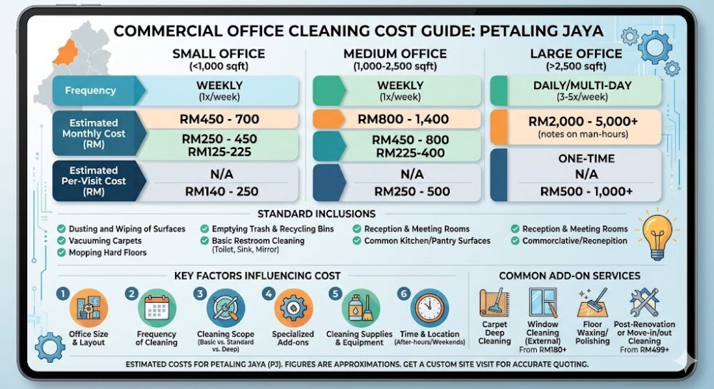 Commercial office cleaning cost breakdown table for Petaling Jaya and Klang Valley offices in 2026