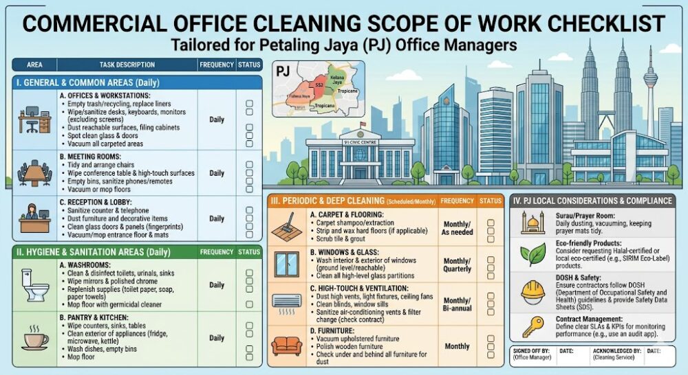 Commercial office cleaning scope of work checklist for Malaysian office managers in Petaling Jaya