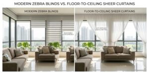 comparison of modern zebra blinds and floor to ceiling sheer curtains in malaysian condo v
