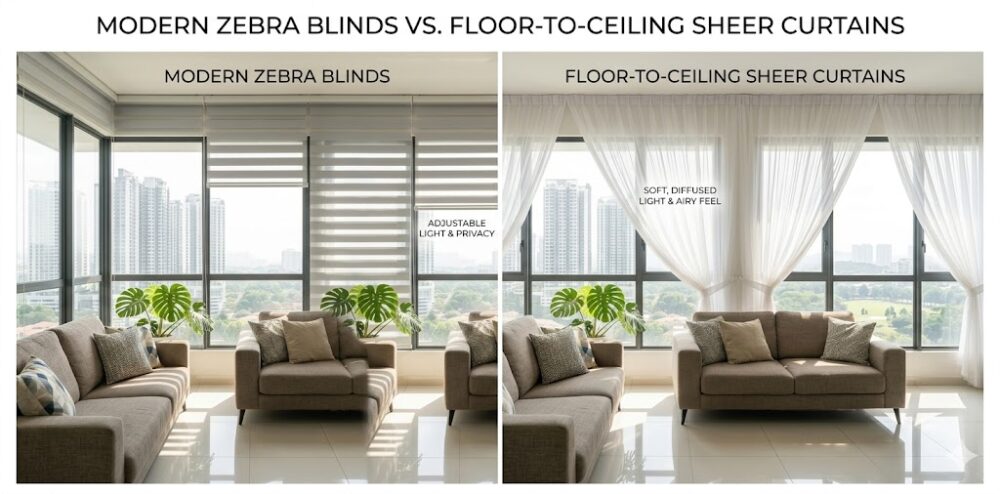 comparison of modern zebra blinds and floor to ceiling sheer curtains in malaysian condo v