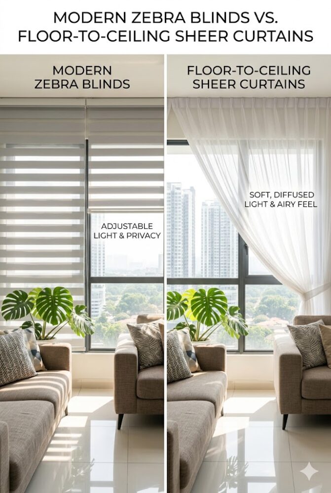 Comparison of modern zebra blinds and floor-to-ceiling sheer curtains in a sunlit Malaysian condo living room