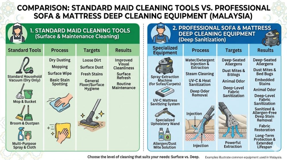 Comparison of standard maid cleaning tools vs professional sofa and mattress deep cleaning equipment in Malaysia
