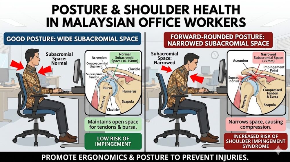 Correct ergonomic sitting posture for shoulder impingement recovery in Malaysia office setting