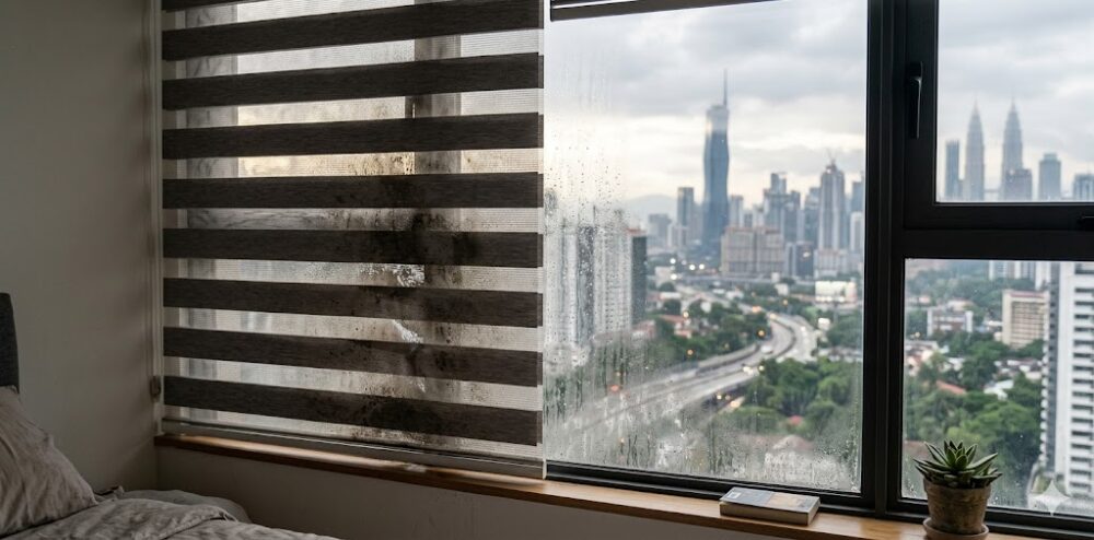 condensation on a klang valley condo window transferring moisture and dust to a fabric zebra blind h