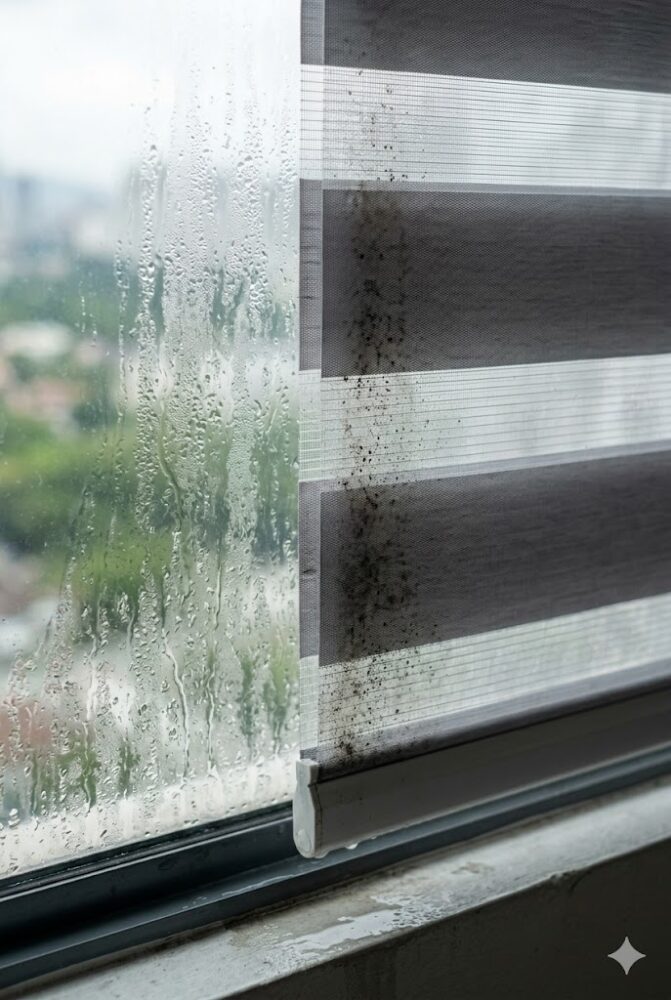 Condensation on a Klang Valley condo window transferring moisture and dust to a fabric zebra blind