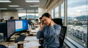 corporate worker experiencing tech neck and tension headache at office desk in sungai buloh