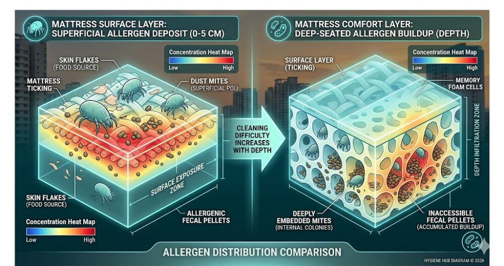 Cross-section diagram showing dust mite allergen distribution in mattress comfort layer versus surface layer