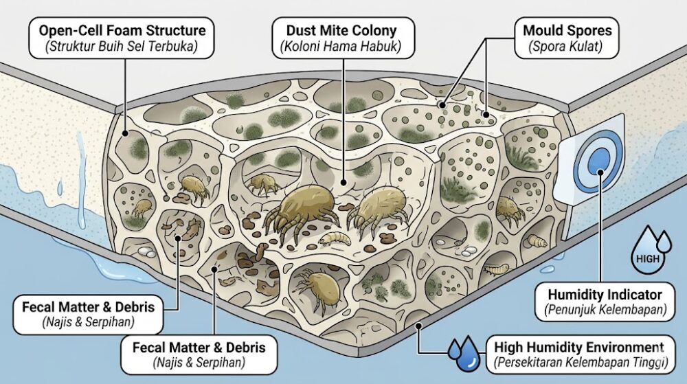 Cross-section illustration of dust mite colonies and mould spores inside a mattress foam layer in a Malaysian home