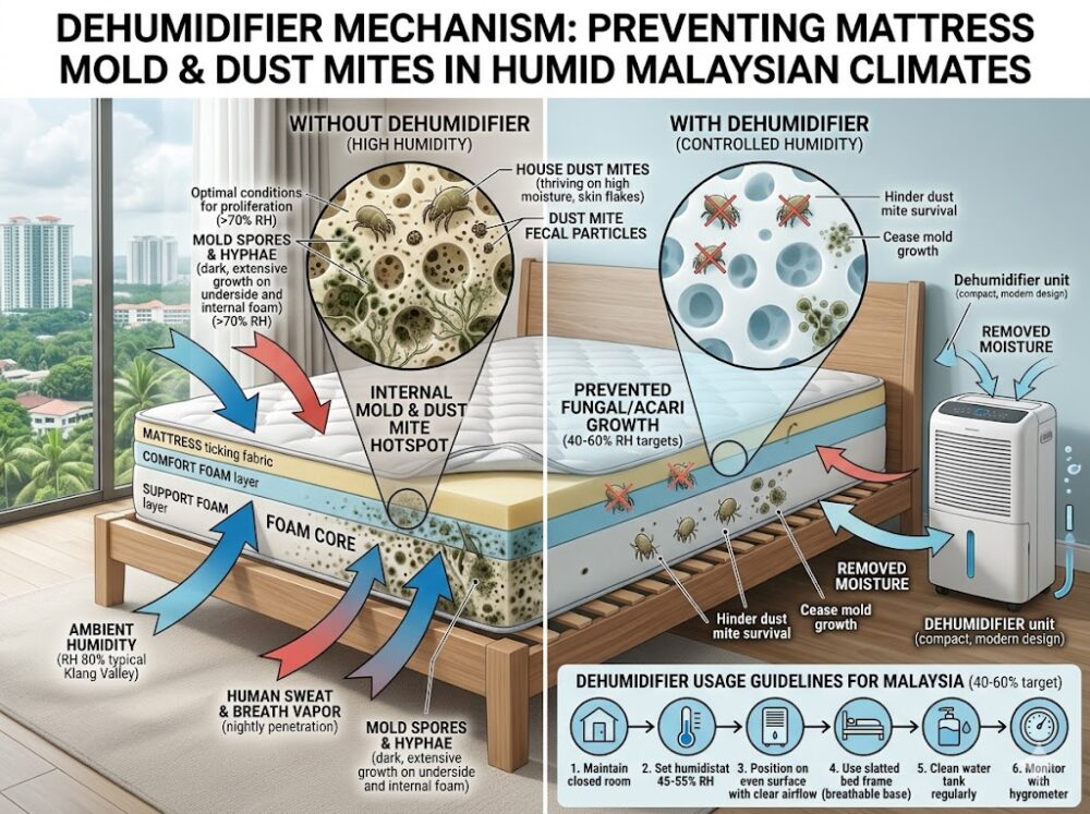 Dehumidifier in Malaysian bedroom to prevent mattress mould and dust mite growth