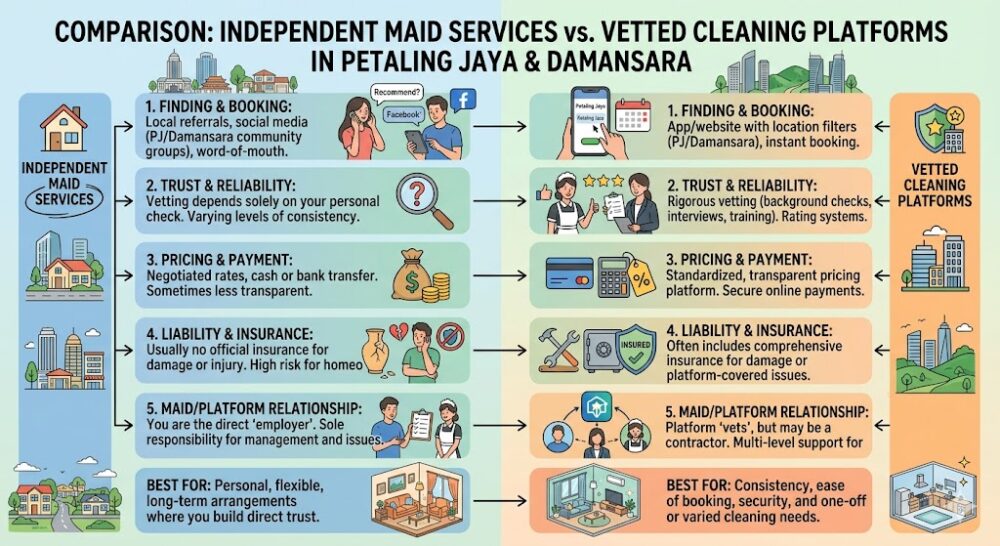 diagram comparing independent maid services vs vetted cleaning platforms in Petaling Jaya and Damansara Klang Valley