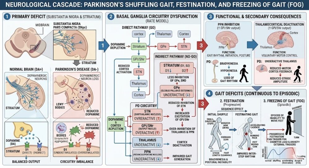 Diagram illustrating the neurological cascade causing Parkinson's shuffling gait, from dopamine depletion in the substantia nigra to festinating gait and freezing of gait episodes