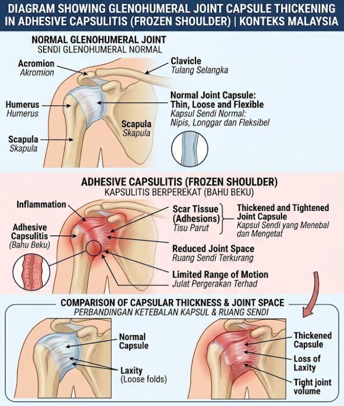 Diagram showing glenohumeral joint capsule thickening in adhesive capsulitis frozen shoulder Malaysia