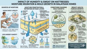 diagram showing how sweat and humidity penetrate mattress layers causing mould growth in malaysian homes 2