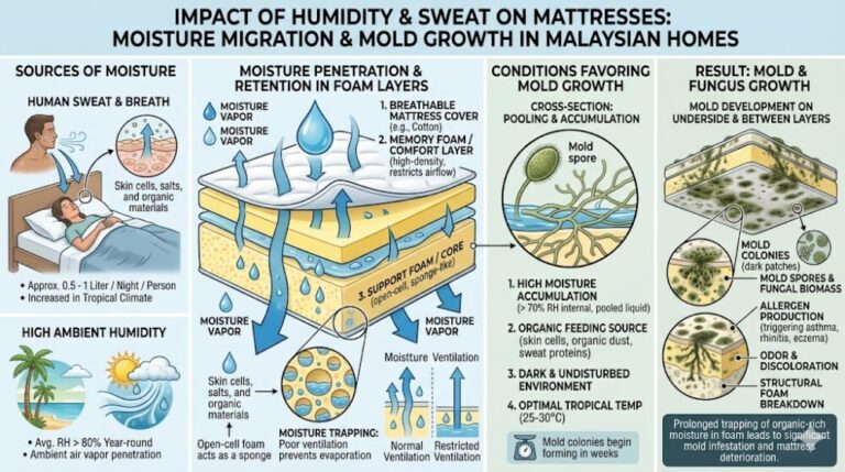 diagram showing how sweat and humidity penetrate mattress layers causing mould growth in malaysian homes 2