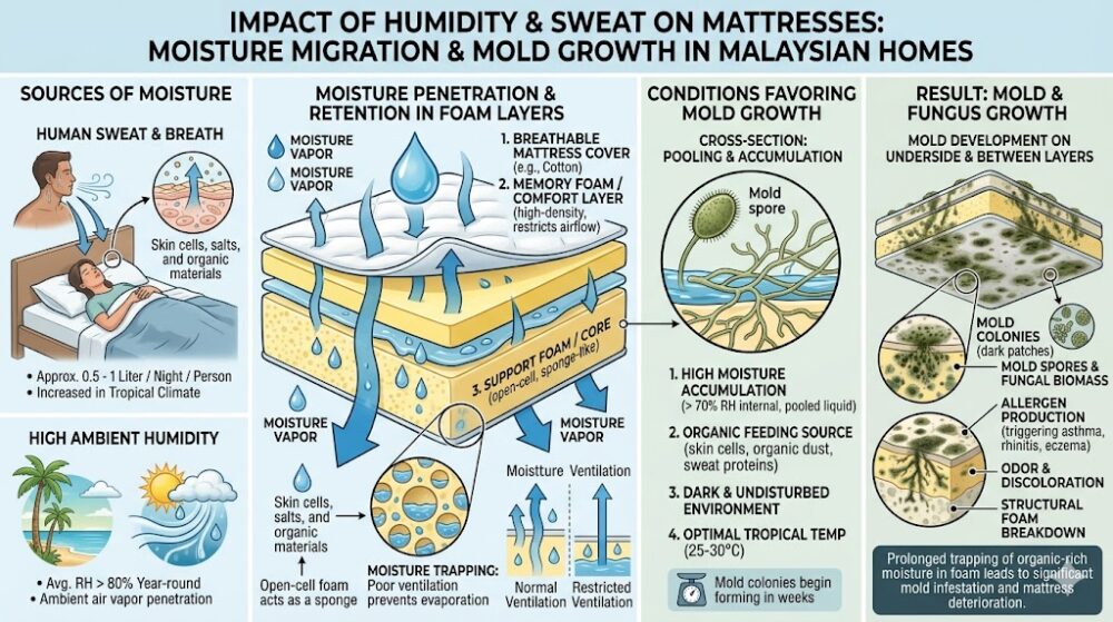 diagram showing how sweat and humidity penetrate mattress layers causing mould growth in malaysian homes 2