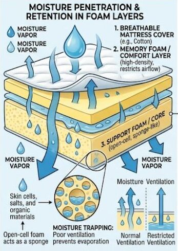 Diagram showing how sweat and humidity penetrate mattress layers causing mould growth in Malaysian homes