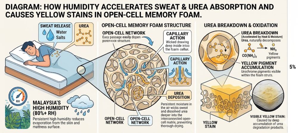 Diagram showing how sweat and urea absorb into memory foam open-cell structure causing yellow stains in Malaysia's humid climate