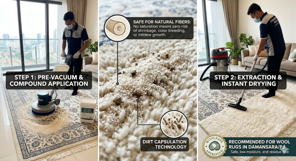 Dry compound cleaning method applied to wool area rug in Damansara Petaling Jaya &mdash; safe for natural fibres