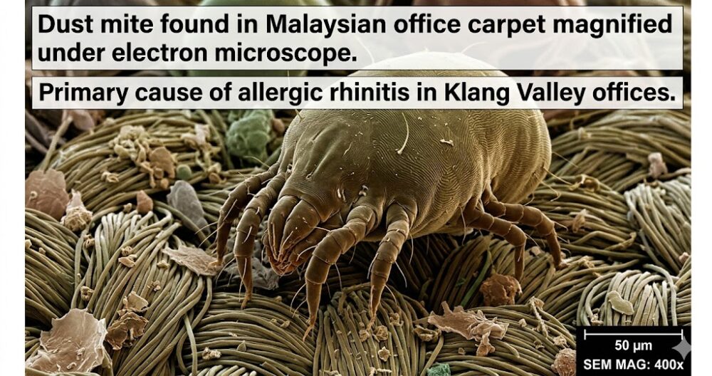 Dust mite found in Malaysian office carpet magnified under electron microscope — primary cause of allergic rhinitis in Klang Valley offices