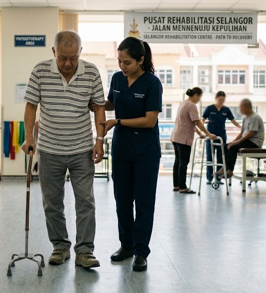 elderly Malaysian man using a quad cane with physiotherapist assistance in a rehabilitation centre in Selangor