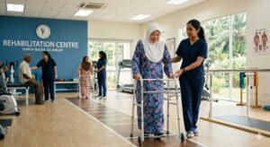 elderly malaysian woman practising with a zimmer frame walker at a physiotherapy rehab centre in sungai buloh, selangor
