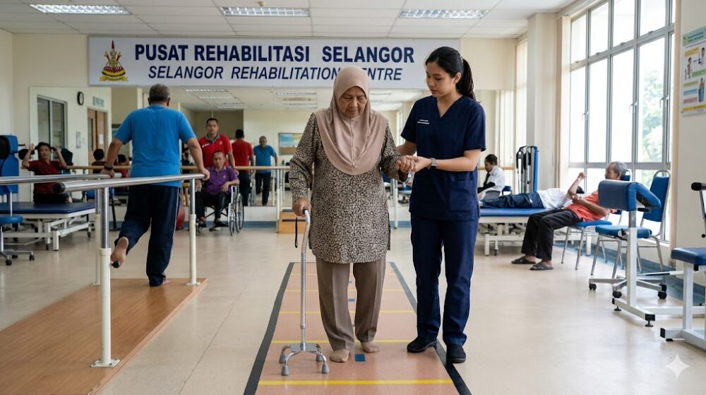 elderly Malaysian woman using a quad cane with physiotherapist assistance in a rehabilitation centre in Selangor