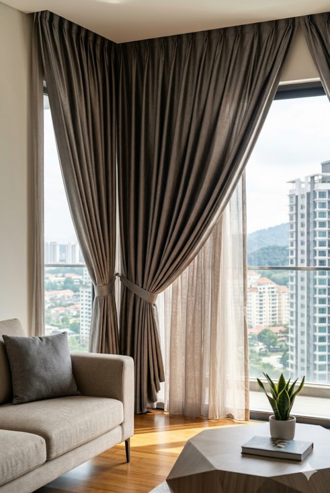 Elegant custom-made floor-to-ceiling curtains installed in a modern home in Puchong, Selangor.