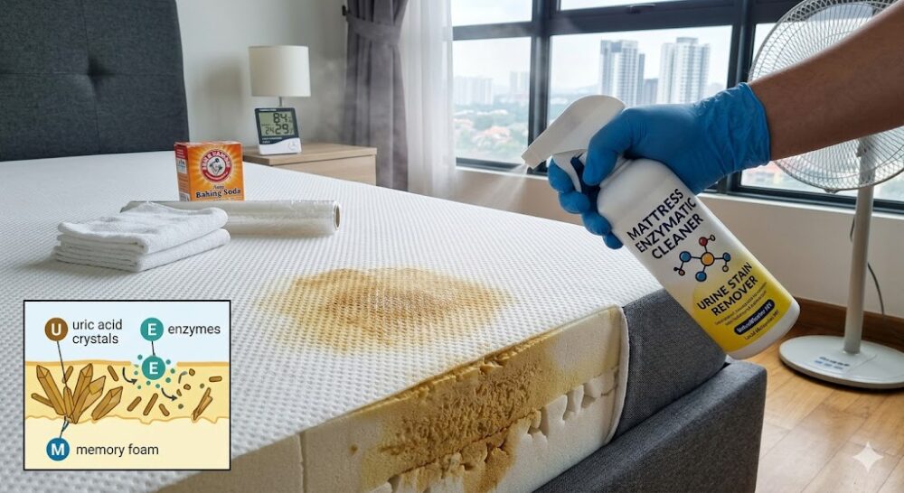 Enzymatic cleaner spray applied to old urine stain on mattress &mdash; best method for removing dried urine stains in Malaysia